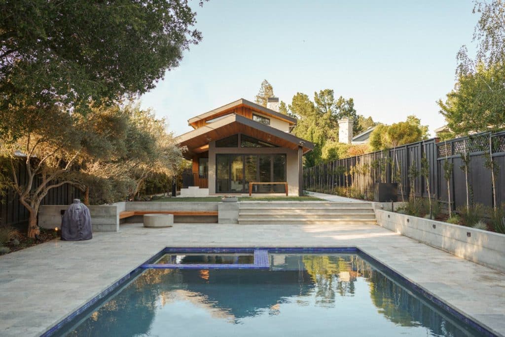 Modern home with swimming pool in backyard
