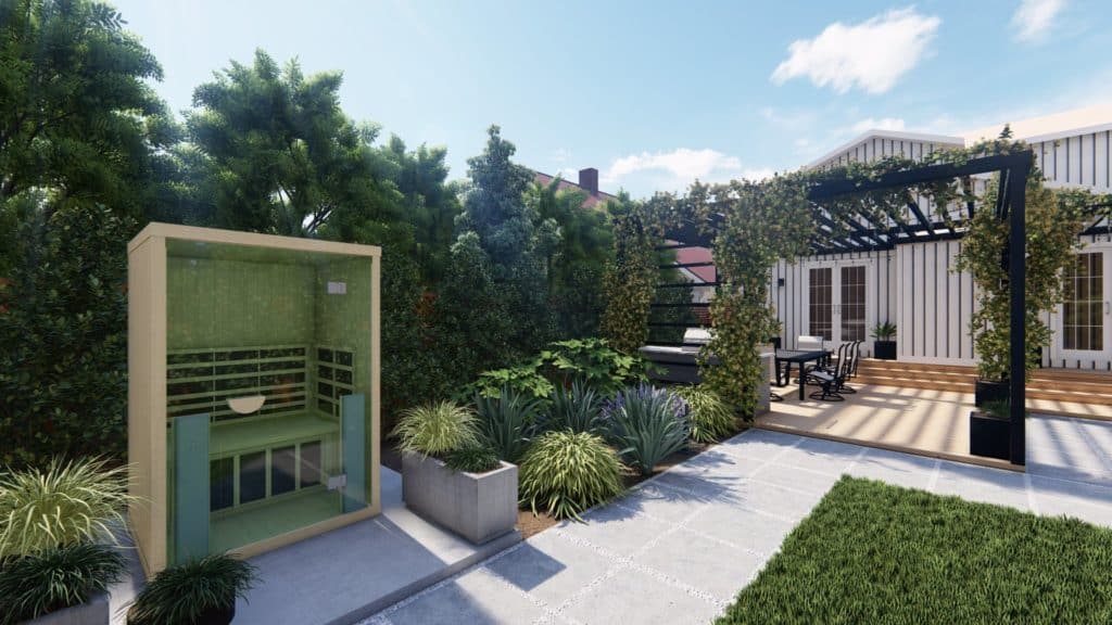 A backyard with a dining patio and pergola against the back of the home and sauna, planting beds, and lawn in the foreground.