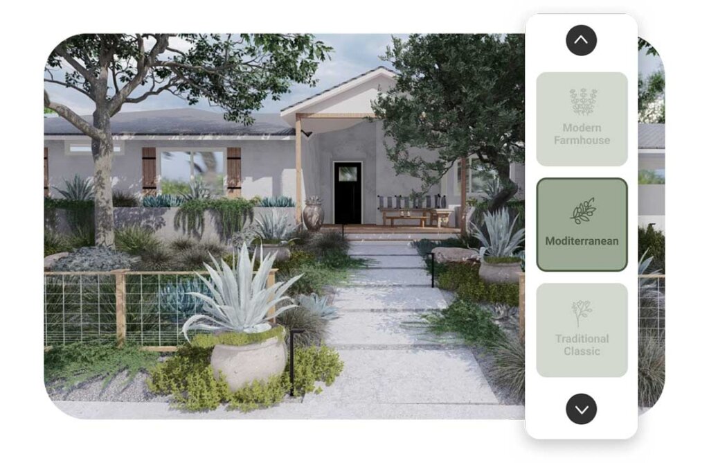 Mediterranean styled front yard with carousel of 3 blocks for styling options