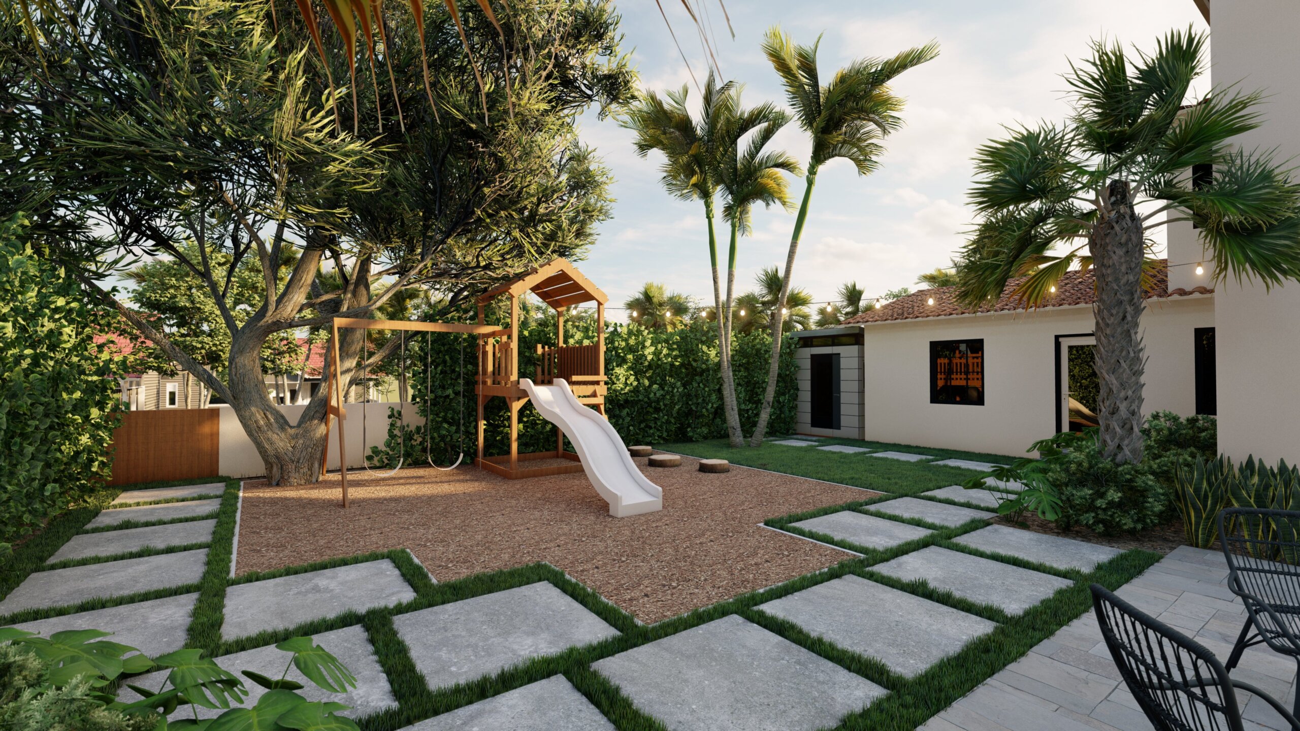 Tropical backyard with kid's play area with slide and swings