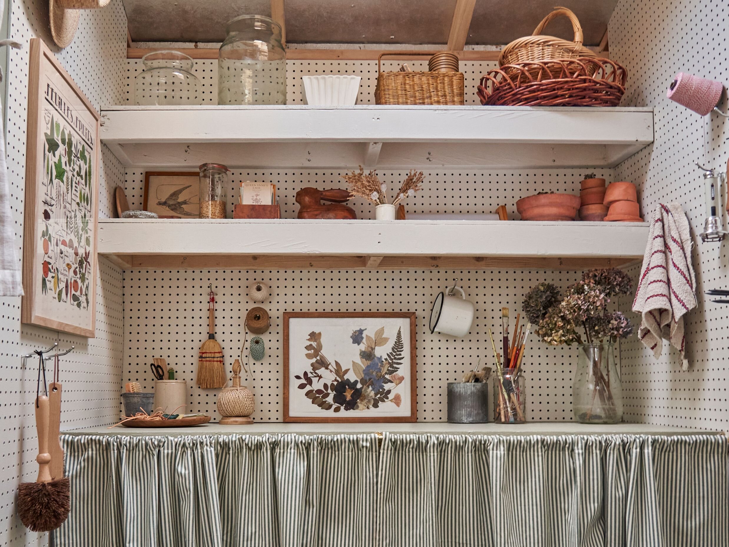 Interior view of small shed with vintage accessories