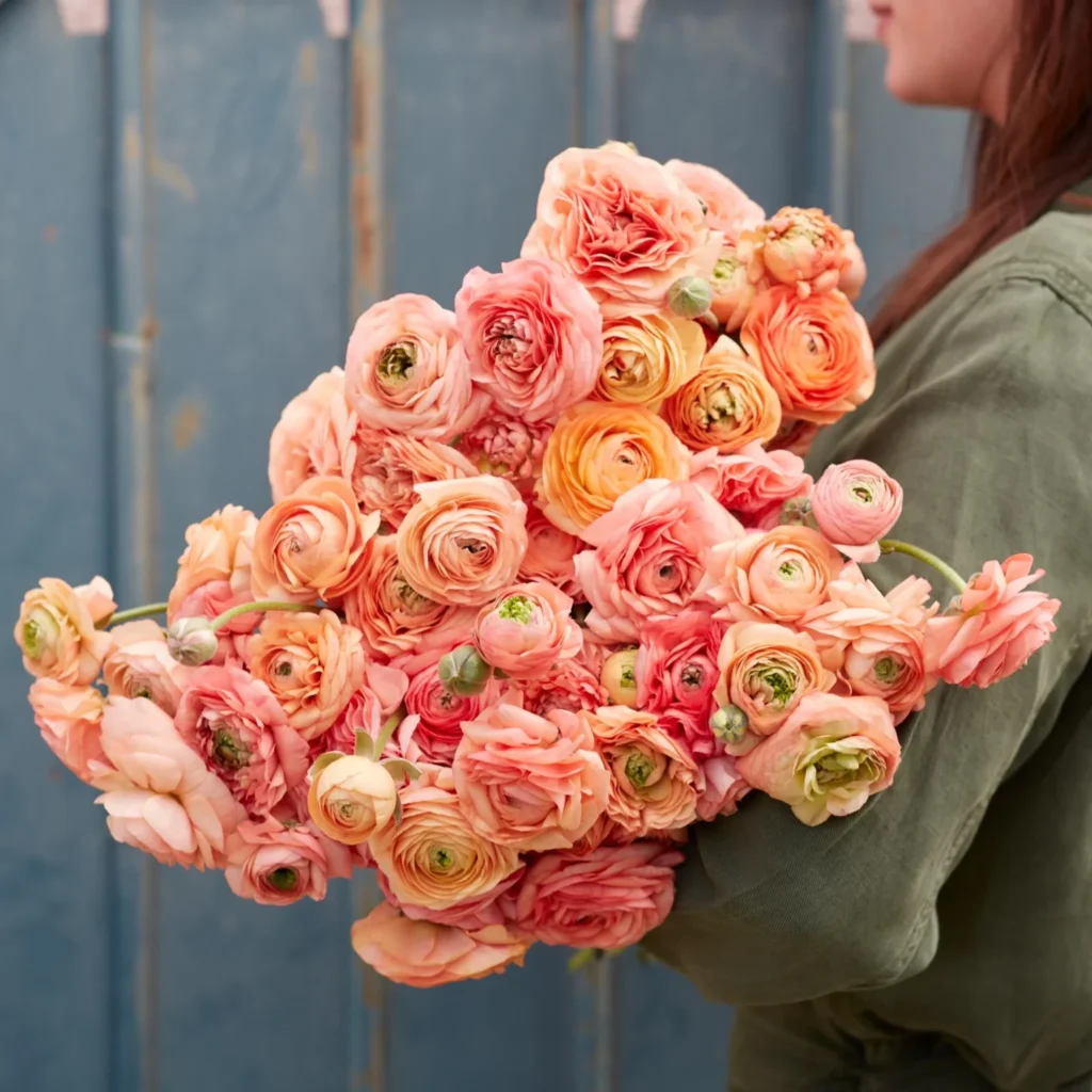 A woman holding peach colored flowers