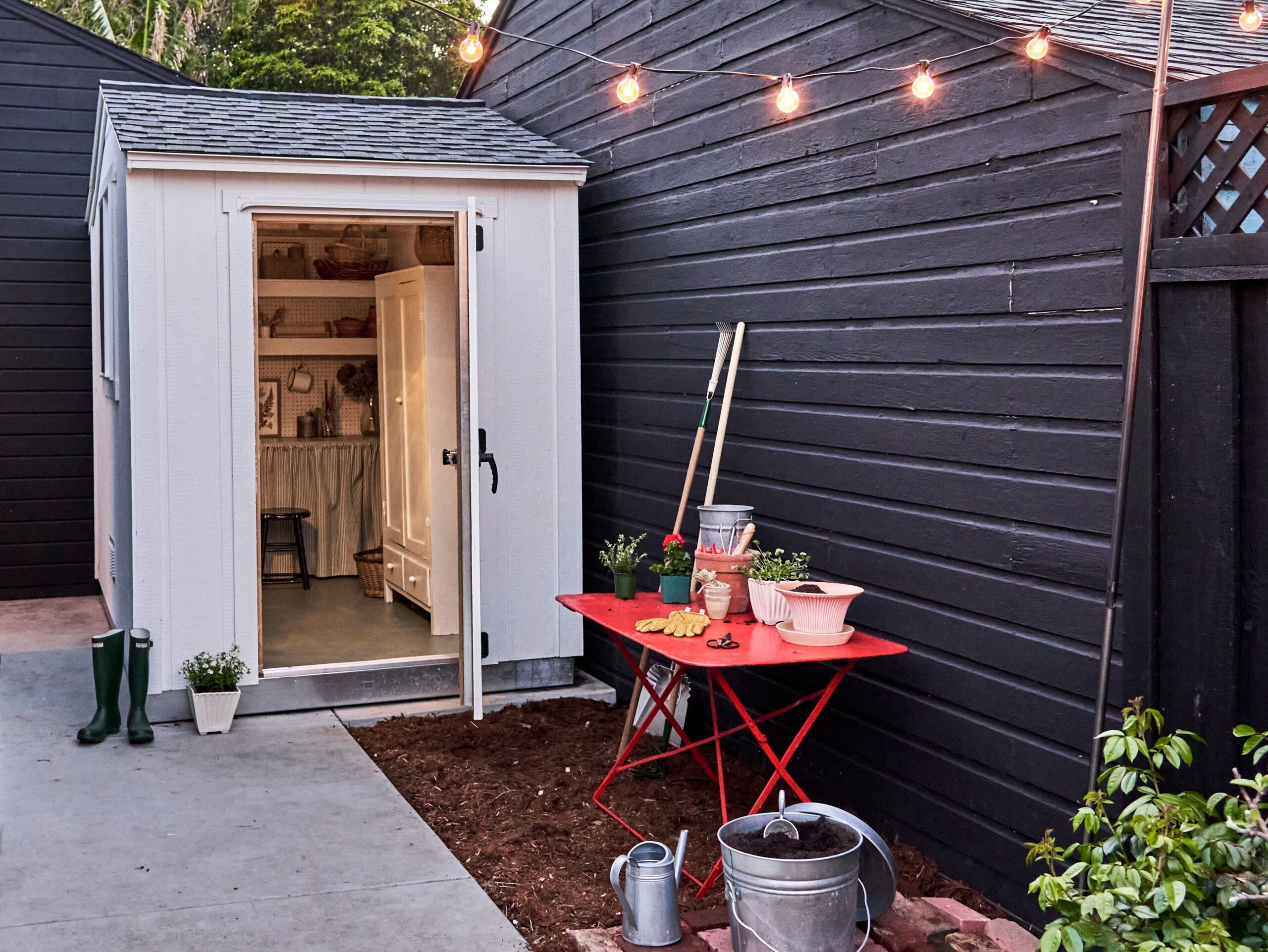 Side yard with small shed for potting plants
