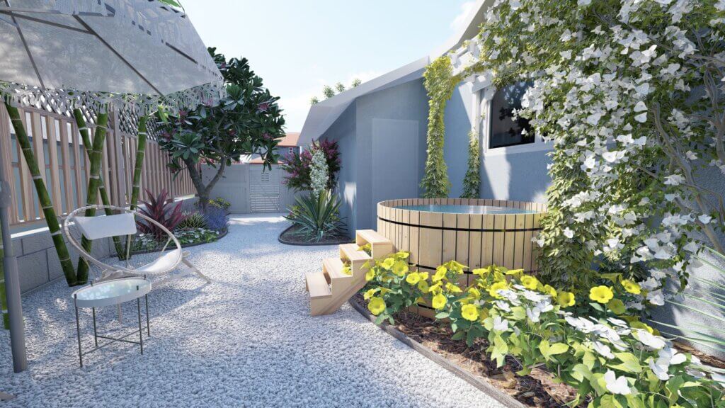 Gravel side yard with planting beds, cold plunge tub, and climbing flowering vines.