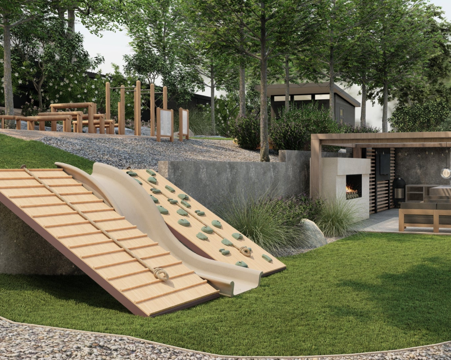 Sloped backyard with kids play area with slide and wall climb