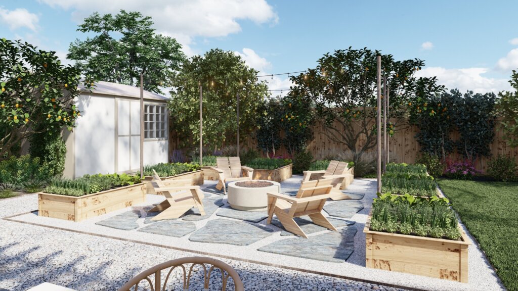 Los Altos, CA backyard design with raised bed planters