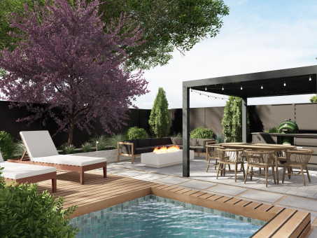design for backyard with pool and pergola-covered dining area
